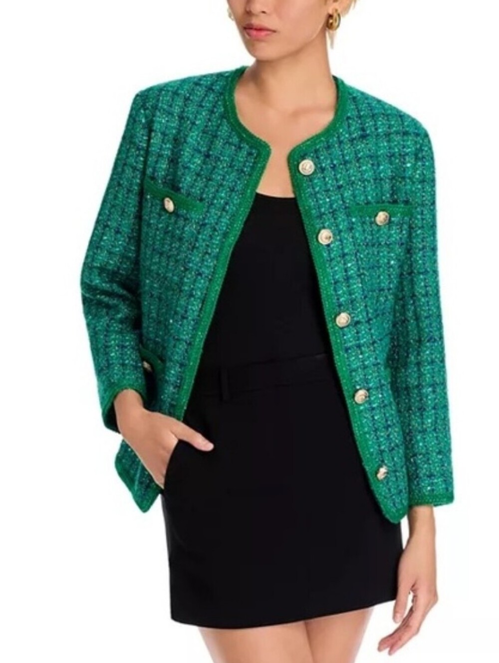 Aqua Green Blue & Gold Tweed Collarless Blazer Size 14 NWT